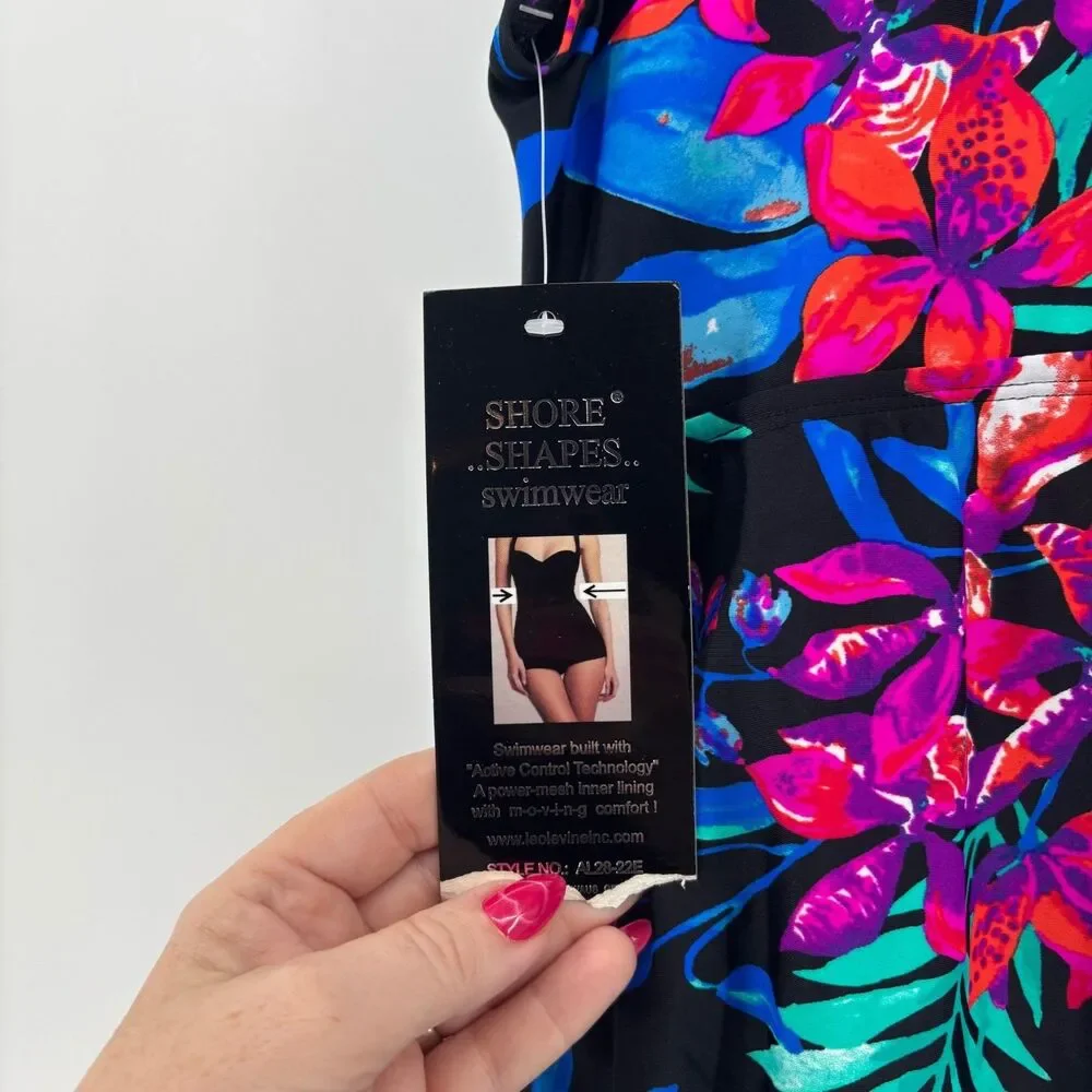 Shore Shapes Swimdress Women 16 Black Floral‎ New Asymmetrical Side Cinch sides